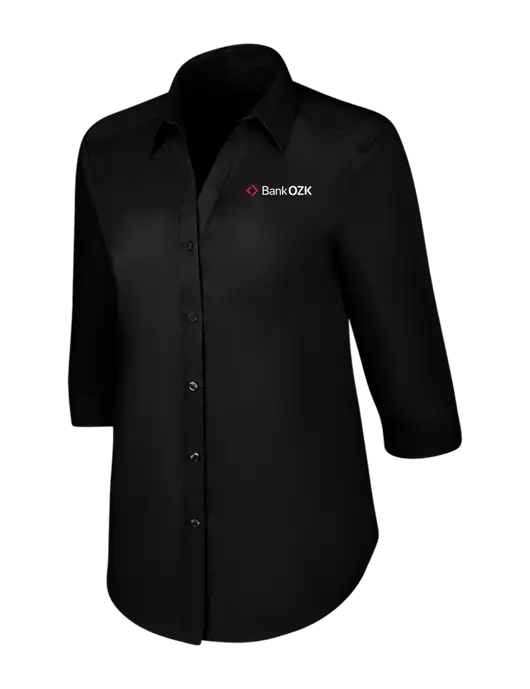 Womens Black 3/4 Sleeve Carefree Poplin Shirt w/Bank OZK Logo