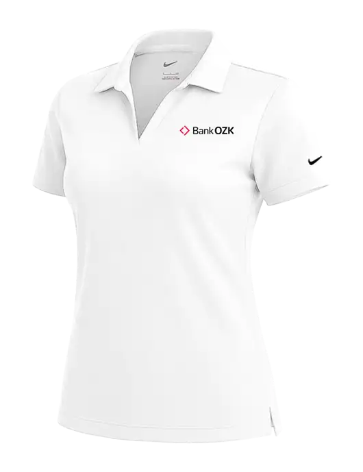 NIKE White Womens Dri-Fit Micro Pique Polo w/Bank OZK Logo