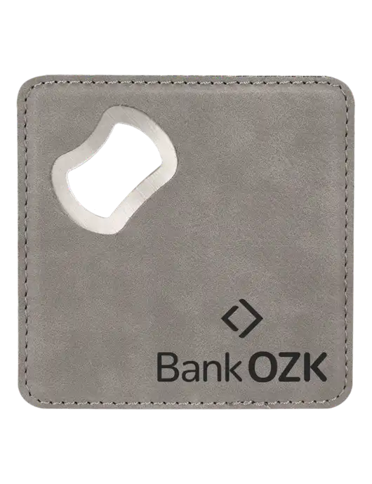Grey Leatherette Coaster with Bottle Opener w/Bank OZK Logo