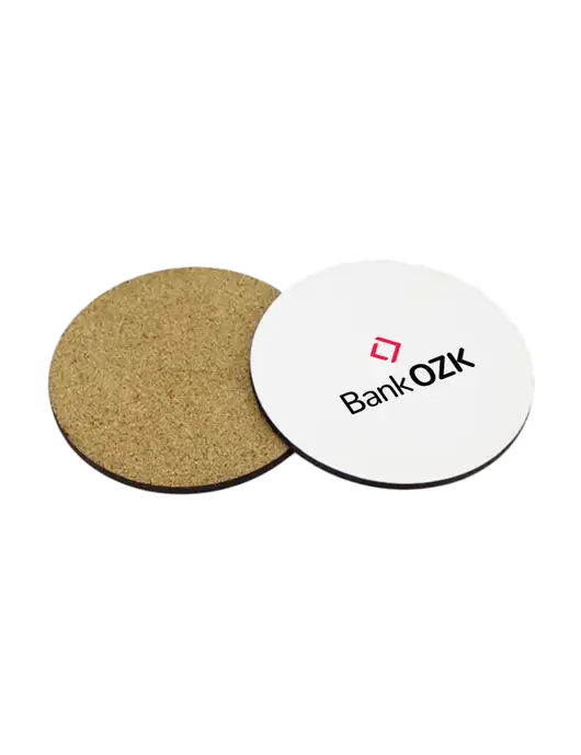 Gloss White Hardboard Round Coaster w/Cork Back, 3.75 w/Bank OZK Logo