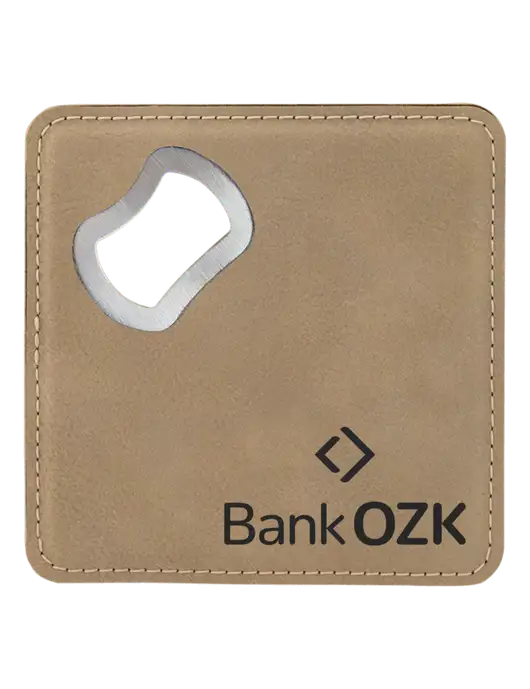 Tan Leatherette Bottle Opener Coaster w/Bank OZK Logo