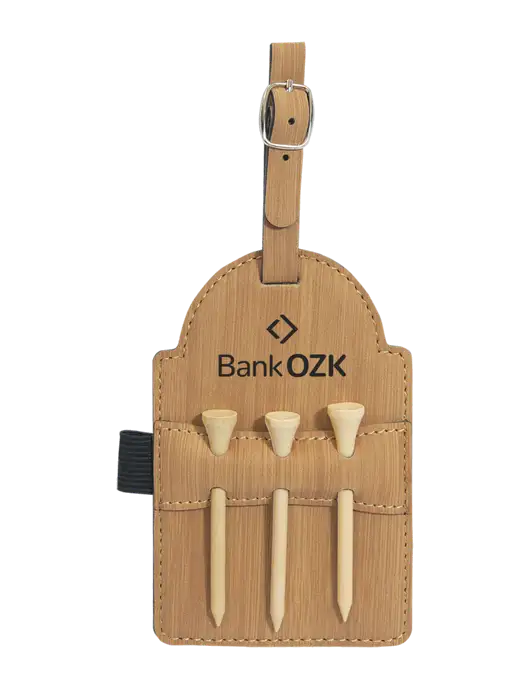 Bamboo Leatherette Golf Bag Tag with 3 Wooden Tees w/Bank OZK Logo