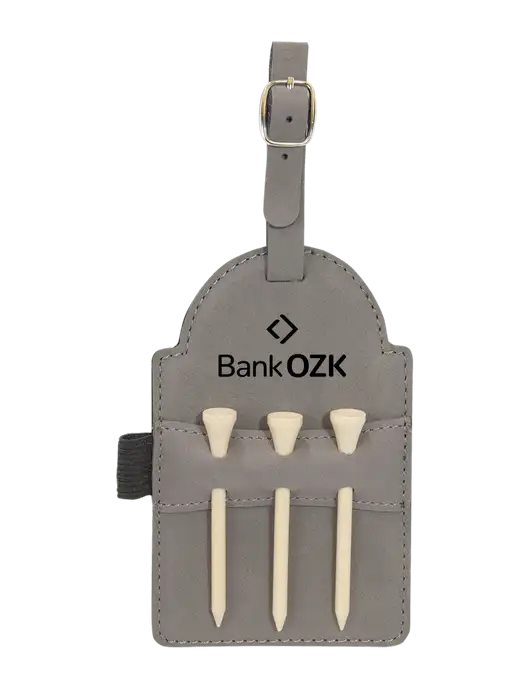 Grey Leatherette Golf Bag Tag with 3 Wooden Tees w/Bank OZK Logo
