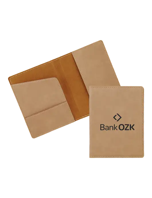 Tan Leatherette Passport Holder w/Bank OZK Logo