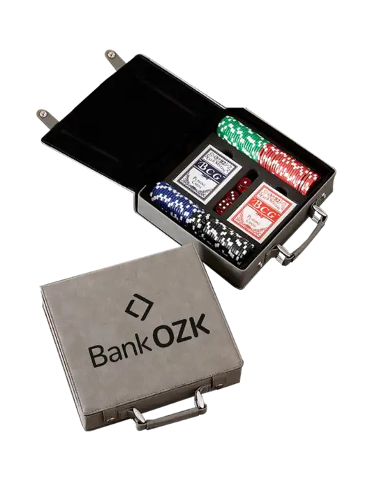 Grey Leatherette 100 Chip Poker Set w/Bank OZK Logo