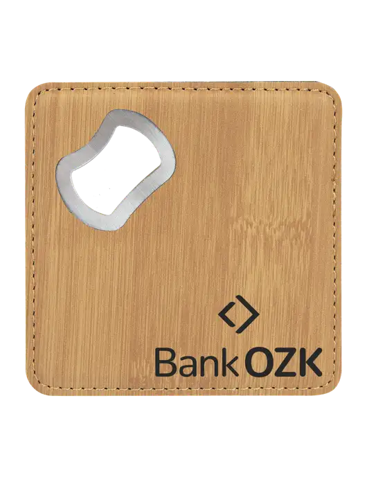Bamboo Leatherette Coaster with Bottle Opener w/Bank OZK Logo