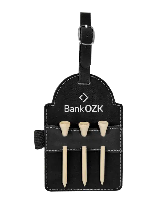 Black Leatherette Golf Bag Tag with 3 Wooden Tees w/Bank OZK Logo