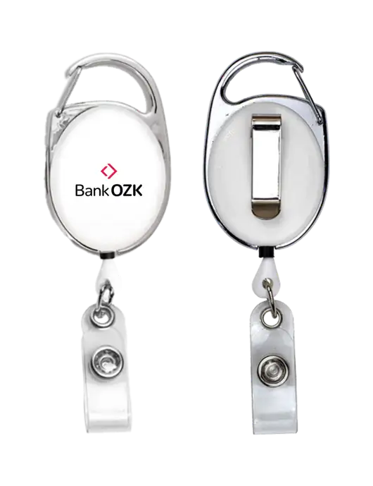 White Carabiner Style Badge Reel and Badge Holder w/Bank OZK Logo