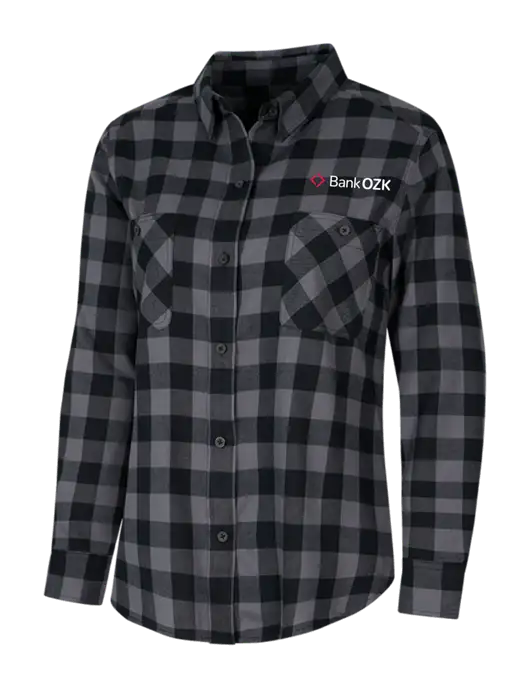 Womens Medium Grey/Black Buffalo Check Plaid Flannel Shirt w/Bank OZK Logo