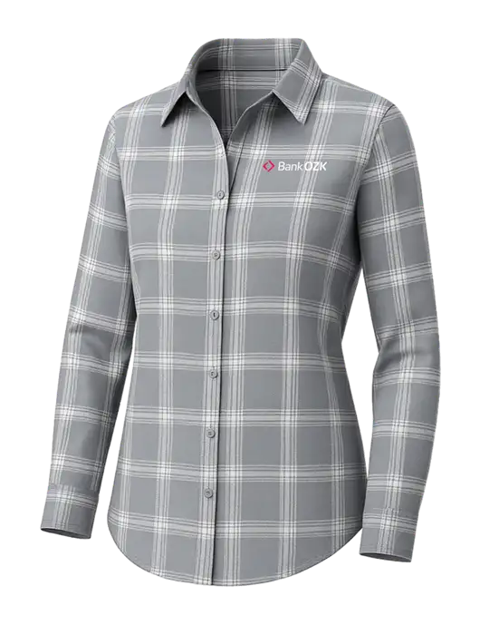 Womens Medium Grey/Cream Open Plaid Flannel Tunic w/Bank OZK Logo