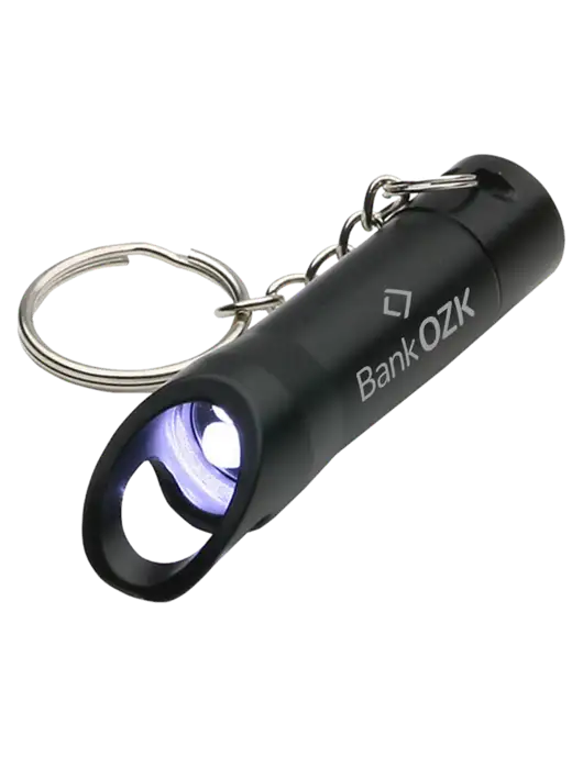 Black Pocket LED Flashlight with Bottle Opener & Keychain w/Bank OZK Logo