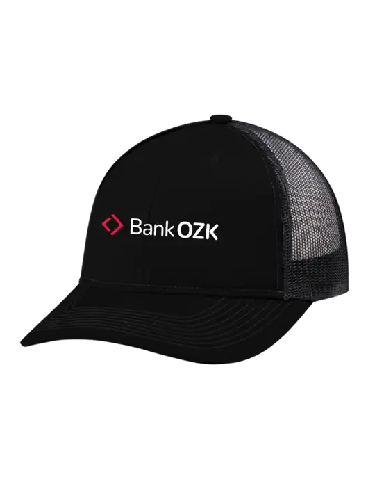 Snapback Ponytail Trucker Cap Black w/Black Mesh w/Bank OZK Logo