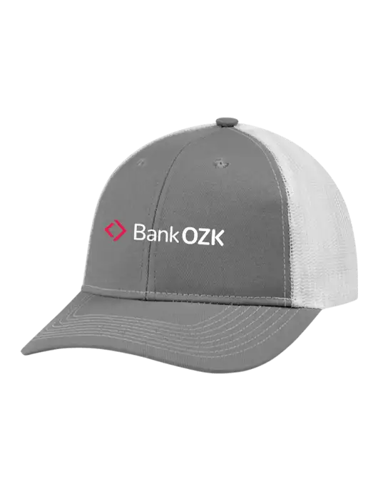 Snapback Ponytail Trucker Cap Light Medium Heather Grey w/White Mesh w/Bank OZK Logo