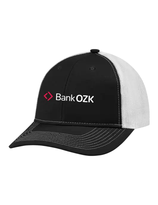 Snapback Ponytail Trucker Cap Black w/White Mesh w/Bank OZK Logo