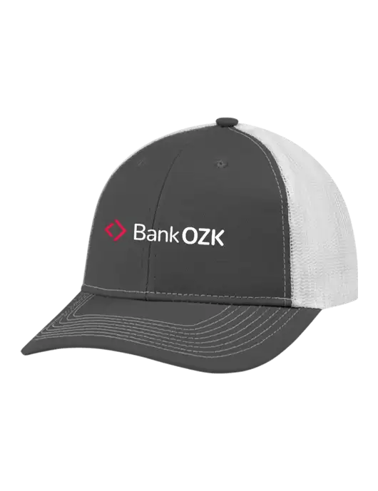 Snapback Ponytail Trucker Cap Dark Grey w/White Mesh w/Bank OZK Logo