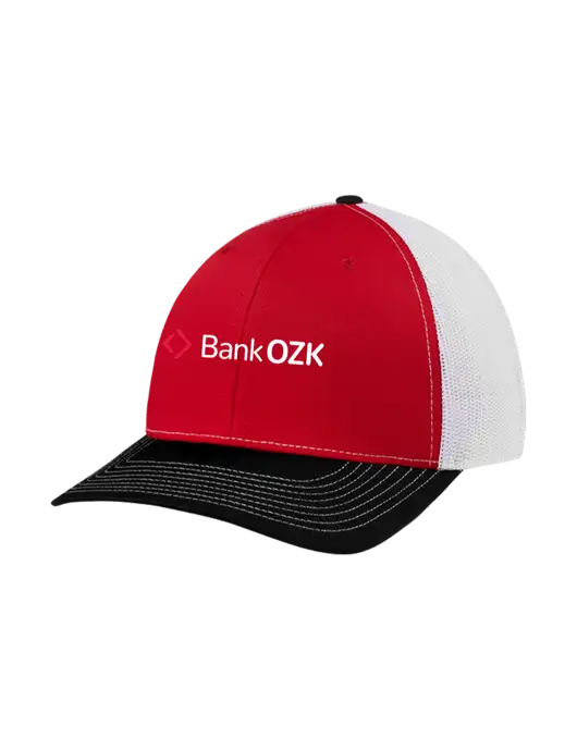 Richardson Adjustable Snapback Original 112 Trucker Cap Black/Red/White Mesh w/Bank OZK Logo