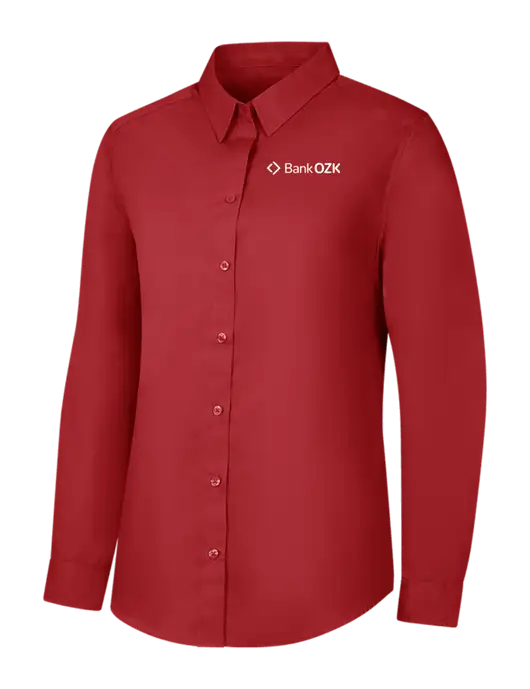 Womens Rich Red  Long Sleeve Carefree Poplin Shirt w/Bank OZK Logo