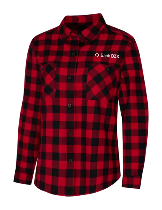 Womens Red/Black Buffalo Check Plaid Flannel Shirt w/Bank OZK Logo