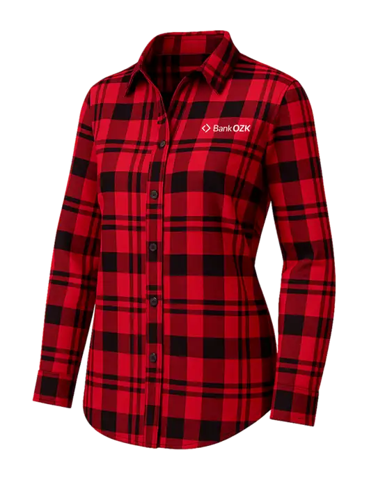 Womens Red/Black Plaid Flannel Tunic w/Bank OZK Logo