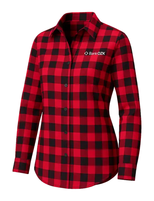 Womens Red/Black Buffalo Check Plaid Flannel Tunic w/Bank OZK Logo