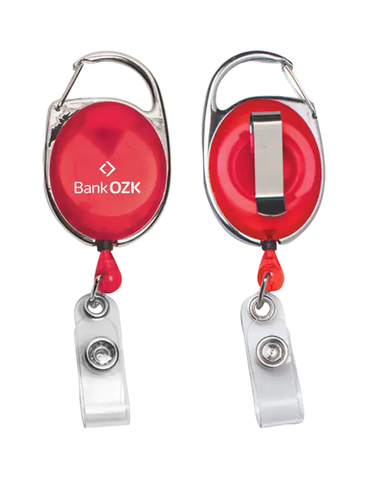 Red Carabiner Style Badge Reel and Badge Holder w/Bank OZK Logo