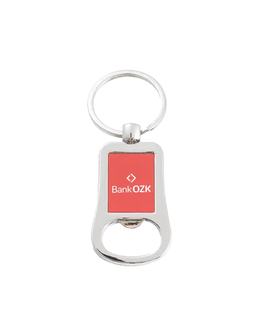 Silver & Red Bottle Opener Keychain w/Bank OZK Logo