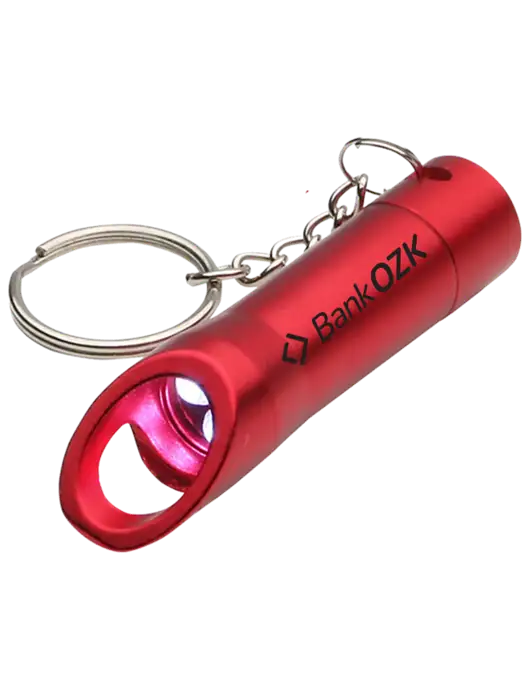 Red Pocket LED Flashlight with Bottle Opener & Keychain w/Bank OZK Logo