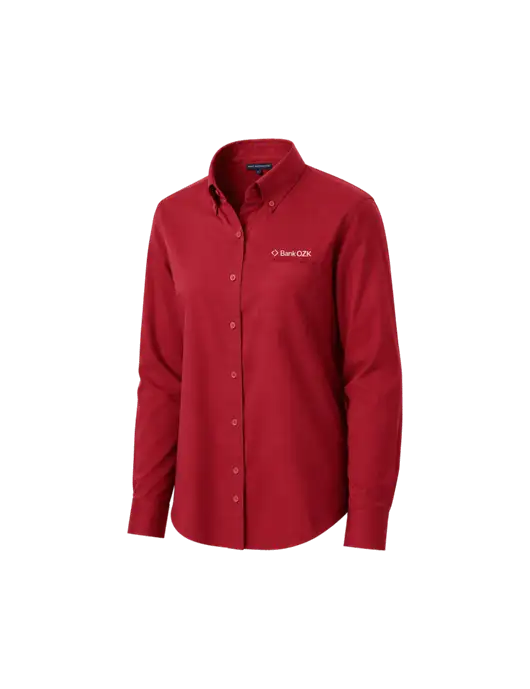 Bank OZK Womens Super Pro Red Twill Long Sleeve Shirt
